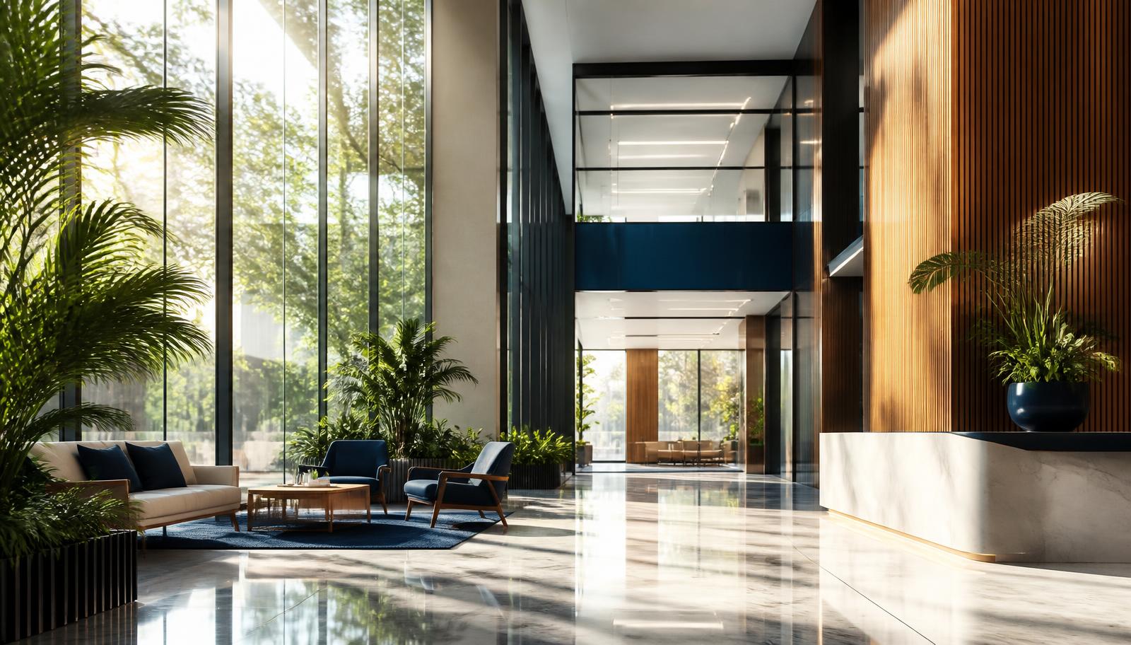 A bright modern atrium with floor-to-ceiling glass, lush green plants, and warm sunlight