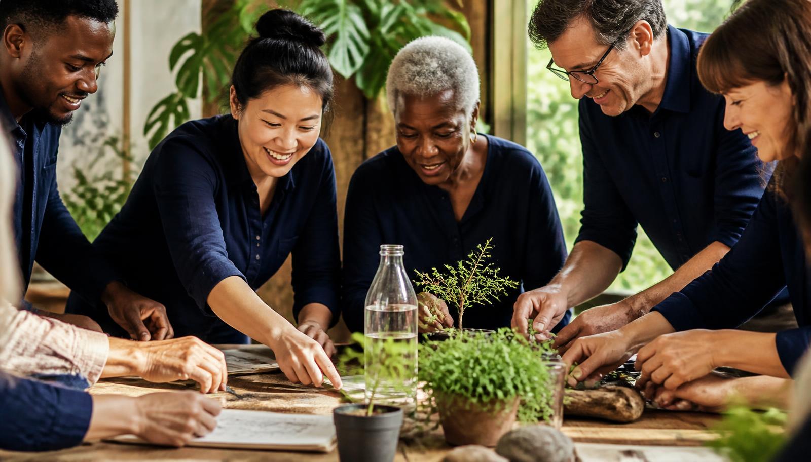 A diverse team collaborating around a table with green plants in bright natural light