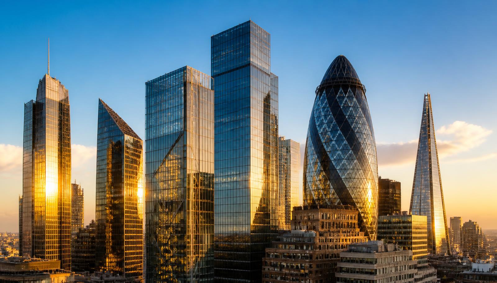 A financial district skyline glowing at golden hour with warm light on glass towers